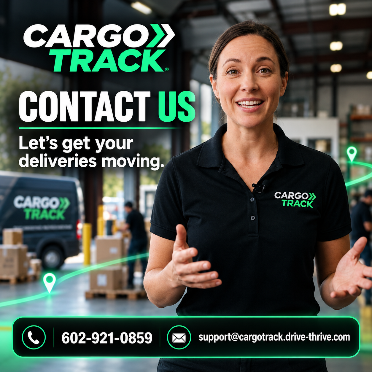 Cargo Track spokesperson with a green-branded compact SUV