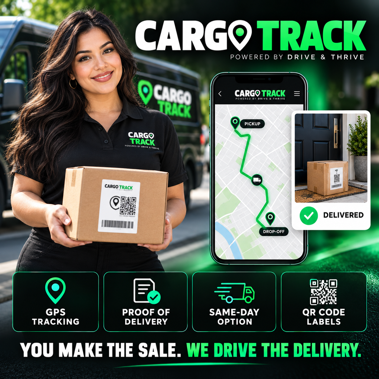 Cargo Track merchant benefits: GPS tracking, proof of delivery, same-day delivery option, and QR code labels.